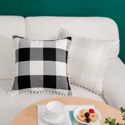 2 Pcs 18"x18" Polyester Buffalo Check Plaid With Pompoms Decorative Pillow Cover - PiccoCasa -Fashion Home Decor Store GUEST 00026ede e91a 40b4 96bd 44509be86bef