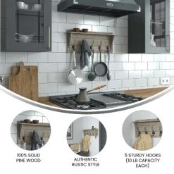 Merrick Lane 24 Inch Wall Mount Pine Wood Storage Rack With 5 Hanging Hooks, Entryway, Kitchen, Bathroom -Fashion Home Decor Store GUEST 025be7f4 6880 4025 a5b7 9daa6b445bdc