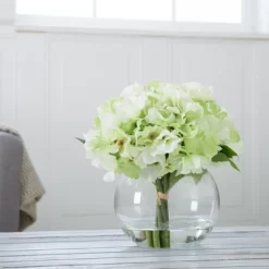 Nature Spring Hydrangea Floral Arrangement In Vase - 5 Artificial Flowers In Clear Glass Bowl With Faux Water - 8" X 8", Green, White, Clear