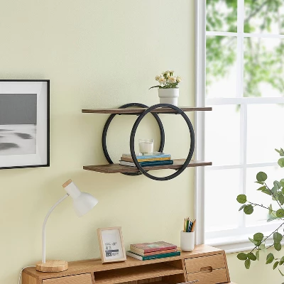 2-Tier Antigua Crossed Double Circle Wall Shelf Unit Black/Rustic - Danya B. 4 2-Tier Antigua Crossed Double Circle Wall Shelf Unit Black/Rustic - Danya B. - Image 2