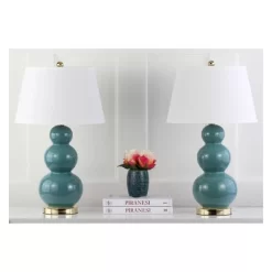 Fashion Home Decor Store 31 (Set Of 2) 28" Pamela Triple Gourd Ceramic Lamp Marine Blue (Includes CFL Light Bulb) - Safavieh