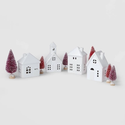 10pc Battery Operated Decorative Ceramic Village Kit White With Blush Trees - Wondershop™ 4 10pc Battery Operated Decorative Ceramic Village Kit White With Blush Trees - Wondershop™ - Image 2