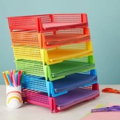 Bright Creations Set Of 6 Rainbow Classroom Turn In Trays For Teachers, Plastic Storage Baskets For Office Use, 9 X 13 X 3 In