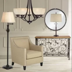 Possini Euro Design Rustic Farmhouse Table Lamp 33" Tall Dark Bronze Metal Off White Burlap Fabric Drum Shade For Bedroom Living Room House Bedside -Fashion Home Decor Store GUEST 2220d293 cc32 498b 885b 357795ec14f4