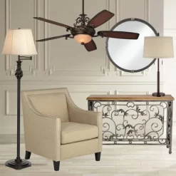 Possini Euro Design Rustic Farmhouse Table Lamp 33" Tall Dark Bronze Metal Off White Burlap Fabric Drum Shade For Bedroom Living Room House Bedside -Fashion Home Decor Store GUEST 24151bcb b12c 4490 8df1 bd7a6cec36cd