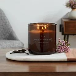 23oz XL 3-Wick Vanilla + Bergamot Wooden Amber Glass With Wood Lid And Stamped Logo Amber - Thresholdâ„¢