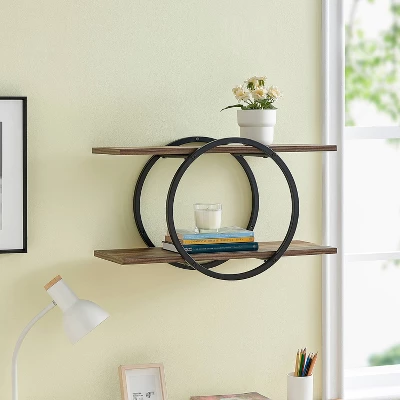 2-Tier Antigua Crossed Double Circle Wall Shelf Unit Black/Rustic - Danya B. 3 2-Tier Antigua Crossed Double Circle Wall Shelf Unit Black/Rustic - Danya B.