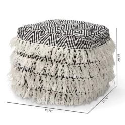 Alian Handwoven Wool Tassel Moroccan Inspired Pouf Ottoman Black/Ivory - Baxton Studio