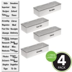 MDesign Plastic Stackable Home, Office Storage Box, 4 Pack + 32 Labels