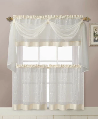 Kate Aurora Complete 4 Piece Linen Leaf Embroidered Complete Kitchen Curtain Set 4 Kate Aurora Complete 4 Piece Linen Leaf Embroidered Complete Kitchen Curtain Set - Image 2
