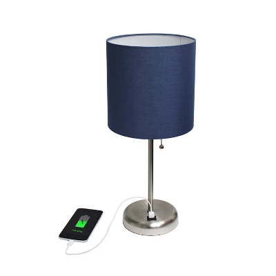 19.5" Bedside USB Port Feature Metal Table Desk Lamp Brushed Steel With Navy Fabric Shade - Creekwood Home 4 19.5" Bedside USB Port Feature Metal Table Desk Lamp Brushed Steel With Navy Fabric Shade - Creekwood Home - Image 2