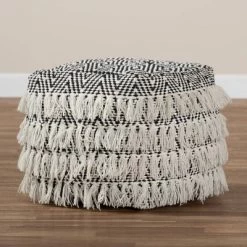 Alian Handwoven Wool Tassel Moroccan Inspired Pouf Ottoman Black/Ivory - Baxton Studio -Fashion Home Decor Store GUEST 57b55b98 e5bc 444e 9752 8bc99701134d