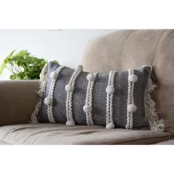 Gray Striped Hand Woven 14x22" Cotton Decorative Throw Pillow With Hand Tied Fringe And Pom Poms - Foreside Home & Garden -Fashion Home Decor Store GUEST 587d3725 4f6e 4554 b89c 6e26fb7e9993