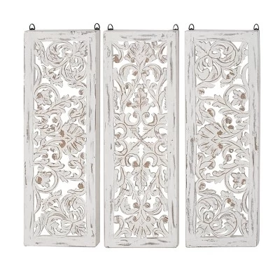 Wood Floral Handmade Intricately Carved Wall Decor Set Of 3 White - Olivia & May 4 Wood Floral Handmade Intricately Carved Wall Decor Set Of 3 White - Olivia & May - Image 2