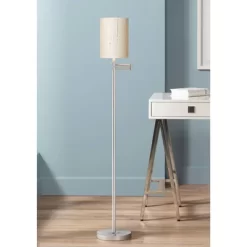 360 Lighting Modern Swing Arm Floor Lamp 60.5" Tall Brushed Nickel Ivory Natural Linen Cylinder Shade For Living Room Reading Bedroom Office