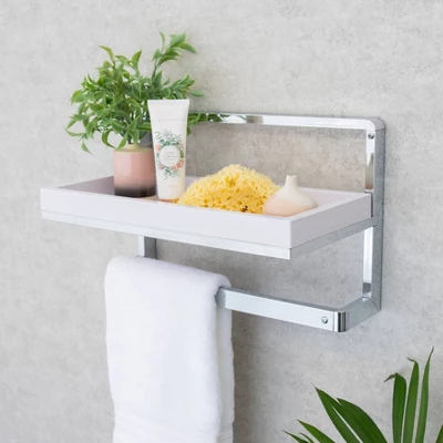 9" X 15" Wall Mount Shelf Unit With Towel Rack And Tray Chrome/White - Danya B. 3 9" X 15" Wall Mount Shelf Unit With Towel Rack And Tray Chrome/White - Danya B.