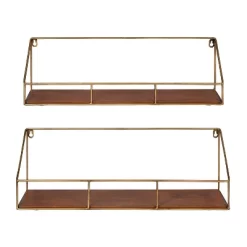 2pc Westland Wood And Metal Floating Wall Shelves Walnut Brown - Kate & Laurel All Things Decor