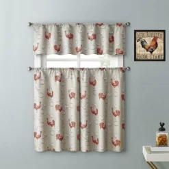 Kate Aurora Living Country Farmhouse Red Rooster Barn 3 Piece Kitchen Curtain Tier & Valance Set - 56 In. W X 15 In. L
