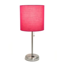 19.5" Bedside Power Outlet Base Metal Table Desk Lamp Brushed Steel With Fabric Shade Pink - Creekwood Home