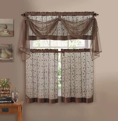 Kate Aurora Complete 4 Piece Linen Leaf Embroidered Complete Kitchen Curtain Set 9 Kate Aurora Complete 4 Piece Linen Leaf Embroidered Complete Kitchen Curtain Set - Image 7