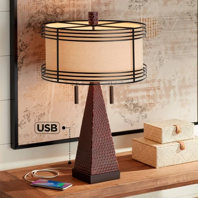 Franklin Iron Works Niklas Industrial Table Lamp 26" High Hammered Bronze With USB Charging Port Double Shade For Bedroom Living Room Bedside Desk 3 Franklin Iron Works Niklas Industrial Table Lamp 26" High Hammered Bronze With USB Charging Port Double Shade For Bedroom Living Room Bedside Desk