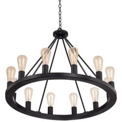 Franklin Iron Works Lacey Black Wagon Wheel Chandelier 28" Wide Industrial 12-Light LED Fixture For Dining Room House Foyer Kitchen Island Entryway -Fashion Home Decor Store GUEST 736f9068 a61b 4518 9f50 fabf5a24123b