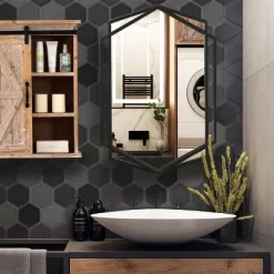 LuxenHome Black Metal Hexagon Frame Wall Accent Mirror For Bathroom & Vanity