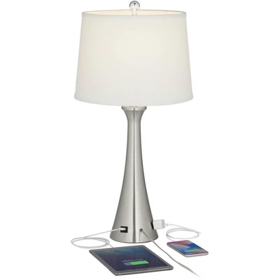 360 Lighting Karl Modern Table Lamps 27 1/2" Tall Set Of 2 Brushed Nickel With USB And Outlet White Drum Shade For Bedroom Living Room House Bedside 4 360 Lighting Karl Modern Table Lamps 27 1/2" Tall Set Of 2 Brushed Nickel With USB And Outlet White Drum Shade For Bedroom Living Room House Bedside - Image 2