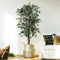 Forever Leaf 60" Artificial Ficus Silk Tree In Black Pot, Indoor Artificial Plant For Home Decor