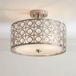 Possini Euro Design Saira Modern Ceiling Light Semi Flush Mount Fixture 16" Wide Brushed Nickel Crystal Organza Drum Shade For Bedroom Kitchen Hallway