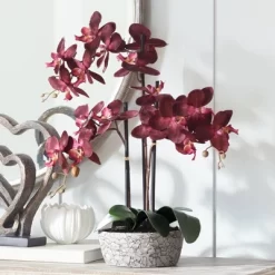 Studio 55D Potted Silk Faux Artificial Flower Realistic Red Orchid In Crackle Gray Vase For Home Decoration Living Room 24" High