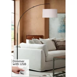 360 Lighting Modern Arc Floor Lamp With USB Charging Port 72" Tall Black White Linen Drum Shade For Living Room Reading House Home