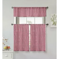 GoodGram Country Accents Burgundy Plaid Buffalo Check Kitchen Curtain Tier & Valance Set - 58 In. W X 15 In. L