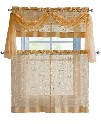 Kate Aurora Complete 4 Piece Linen Leaf Embroidered Complete Kitchen Curtain Set 6 Kate Aurora Complete 4 Piece Linen Leaf Embroidered Complete Kitchen Curtain Set - Image 4