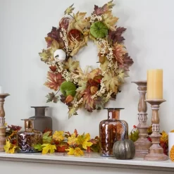 Northlight Green Pumpkins And Straw Artificial Fall Harvest Wreath - 24 Inch, Unlit