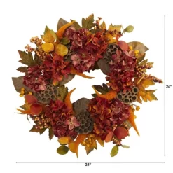 Nearly Natural 24” Fall Hydrangea, Lotus And Berries Artificial Wreath