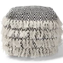 Alian Handwoven Wool Tassel Moroccan Inspired Pouf Ottoman Black/Ivory - Baxton Studio -Fashion Home Decor Store GUEST be2679bb a5fd 4998 970a cc8d34a011d3