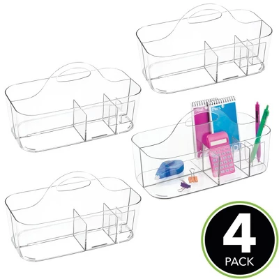 MDesign Plastic Office Storage Organizer Caddy Tote With Handle, 4 Pack - Clear 3 MDesign Plastic Office Storage Organizer Caddy Tote With Handle, 4 Pack - Clear