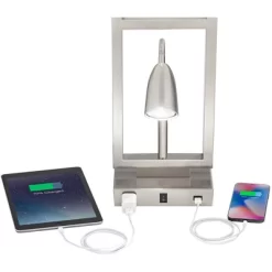 Possini Euro Design Modern Table Lamp With USB Outlet Reading Light LED 29.25" Tall Brushed Nickel Rectangular Off White Shade Bedroom Office -Fashion Home Decor Store GUEST c35c7439 94c9 43f0 9cd2 642b430b7a03