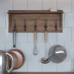 Merrick Lane 24 Inch Wall Mount Pine Wood Storage Rack With 5 Hanging Hooks, Entryway, Kitchen, Bathroom -Fashion Home Decor Store GUEST c6c30b79 e919 40cd 8fb4 9ee658762886