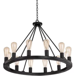 Franklin Iron Works Lacey Black Wagon Wheel Chandelier 28" Wide Industrial 12-Light LED Fixture For Dining Room House Foyer Kitchen Island Entryway -Fashion Home Decor Store GUEST c79a6d95 8596 4906 8366 8d971d8a1459