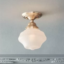 Regency Hill Schoolhouse Floating Modern Farmhouse Ceiling Light Semi Flush Mount Fixture 7" Wide Brass White Glass Shade For Bedroom Living Room Home