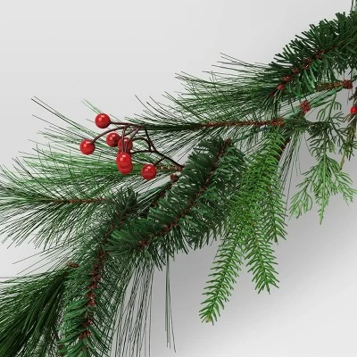 6' Long Needle Mixed Greenery With Red Berries Artificial Christmas Garland Green - Wondershop™ 4 6' Long Needle Mixed Greenery With Red Berries Artificial Christmas Garland Green - Wondershop™ - Image 2