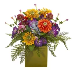 Nearly Natural 14-in Mixed Floral Artificial Arrangement In Green Vase