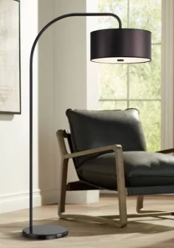 Possini Euro Design Raven Modern 66" Tall Chairside Arc Table Lamp Matte Black Metal Fabric Drum Shade For Living Room Reading Bedroom