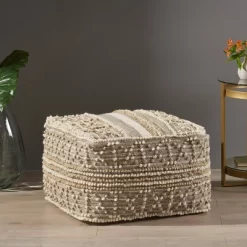 Bonita Large Contemporary Wool And Cotton Pouf Ottoman White/Beige - Christopher Knight Home -Fashion Home Decor Store GUEST cac524e0 2c9e 4938 8158 bc3a0456d820
