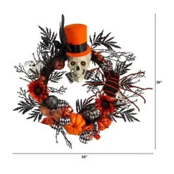 Nearly Natural 30” Spider And Skull With Top Hat Halloween Wreath
