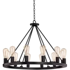 Franklin Iron Works Lacey Black Wagon Wheel Chandelier 28" Wide Industrial 12-Light LED Fixture For Dining Room House Foyer Kitchen Island Entryway -Fashion Home Decor Store GUEST d468a629 6743 4bea 98d7 3753d853d6d3
