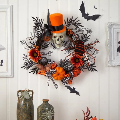 Nearly Natural 30” Spider And Skull With Top Hat Halloween Wreath 4 Nearly Natural 30” Spider And Skull With Top Hat Halloween Wreath - Image 2