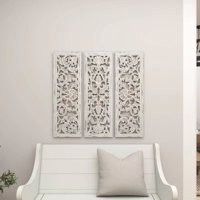 Wood Floral Handmade Intricately Carved Wall Decor Set Of 3 White - Olivia & May 7 Wood Floral Handmade Intricately Carved Wall Decor Set Of 3 White - Olivia & May - Image 5